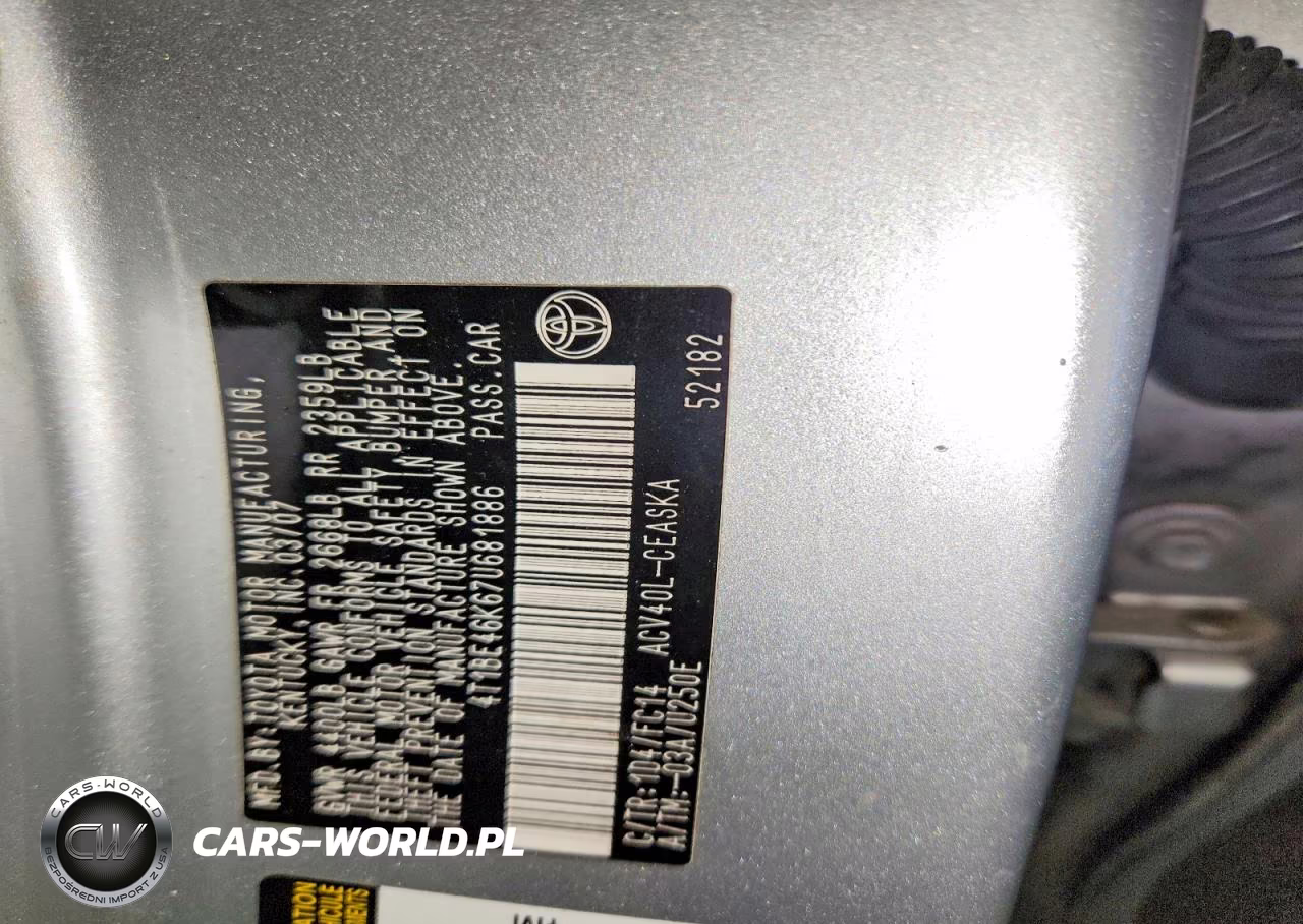 2007 Toyota Camry VIN:4T1BE46K67U681886 - 12