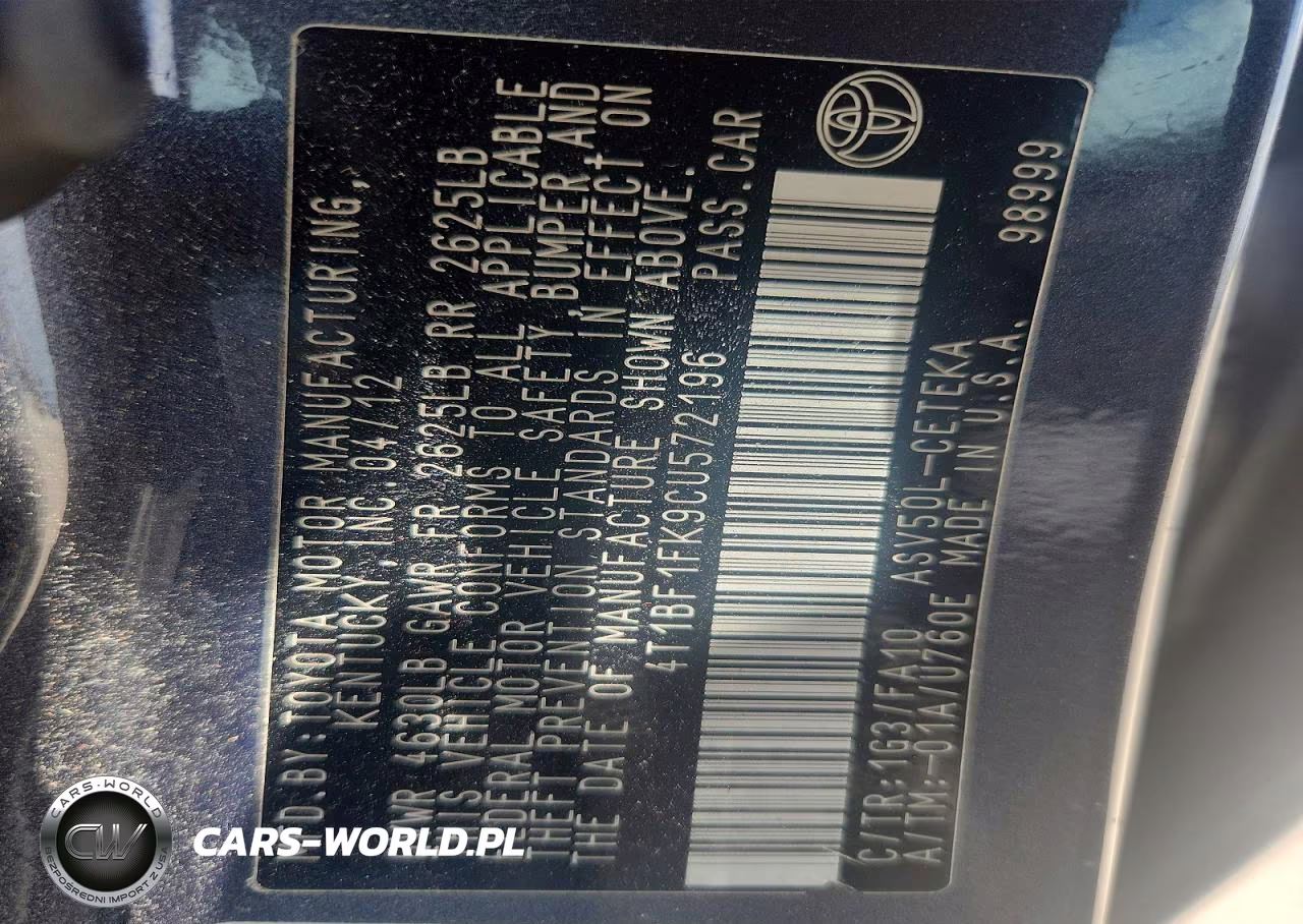 2012 Toyota Camry L VIN:4T1BF1FK9CU572196 - 12