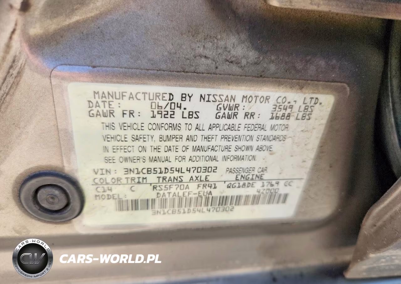 2004 Nissan Sentra 1.8 VIN:3N1CB51D54L470302 - 12