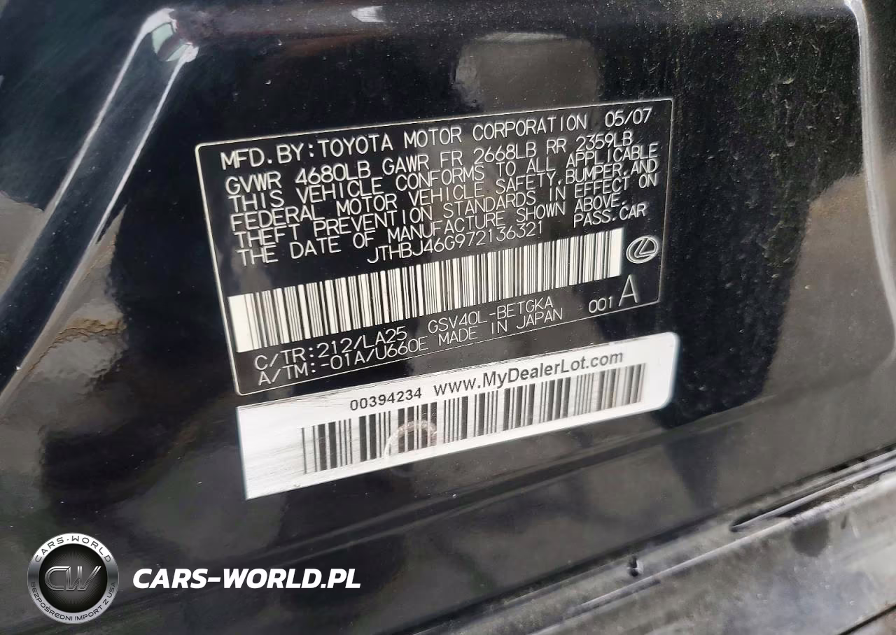 2007 Lexus Es 350 VIN:JTHBJ46G972136321 - 12