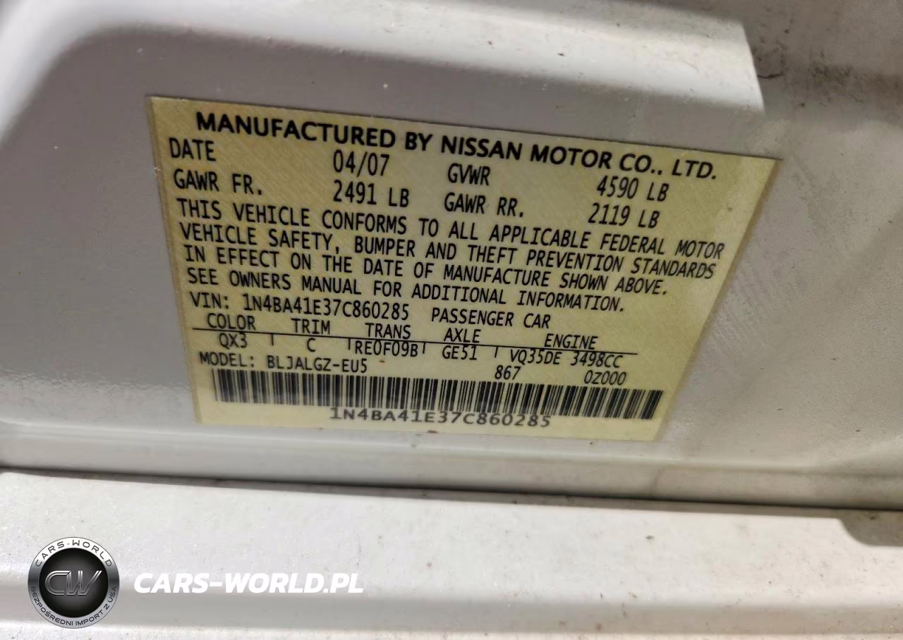 2007 Nissan Maxima 3.5 Se VIN:1N4BA41E37C860285 - 12