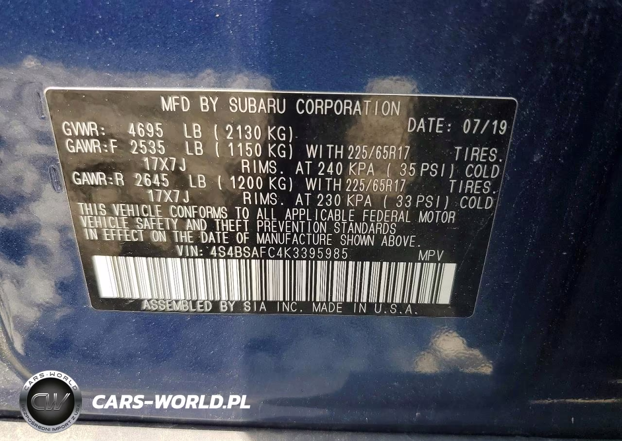 2019 Subaru Outback 2.5I Premium VIN:4S4BSAFC4K3395985 - 13