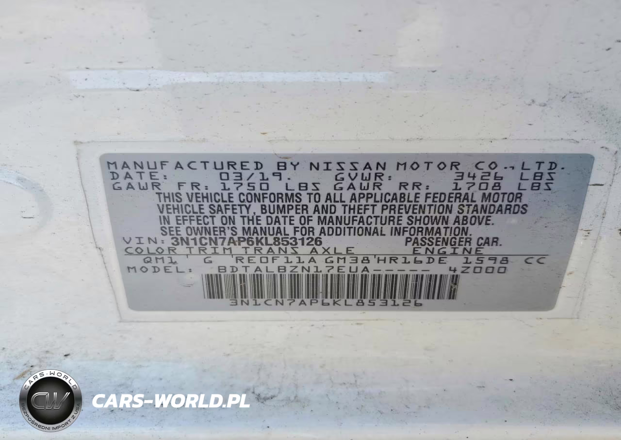 2019 Nissan Versa Sv VIN:3N1CN7AP6KL853126 - 12