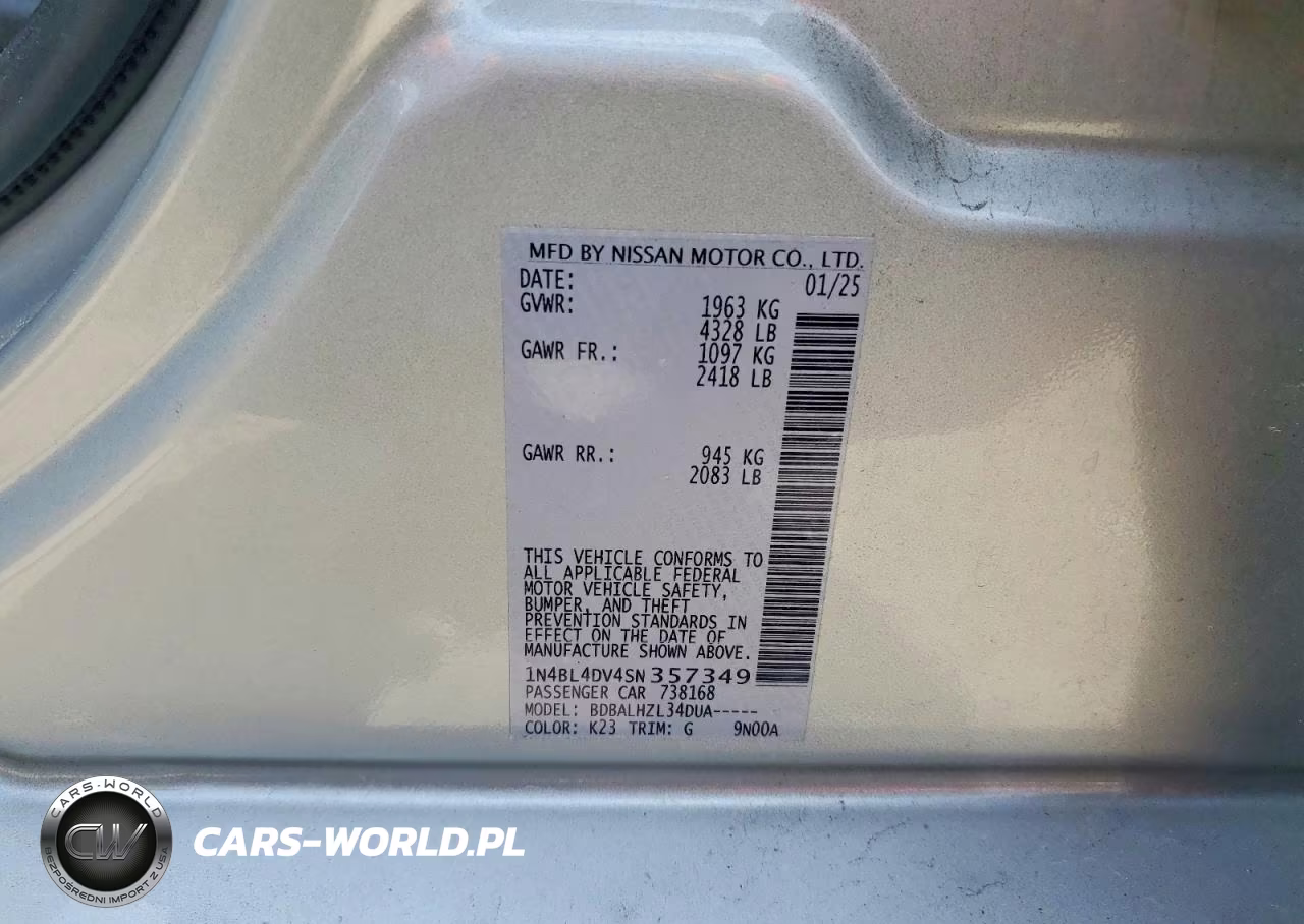2025 Nissan Altima Sv VIN:1N4BL4DV4SN357349 - 12