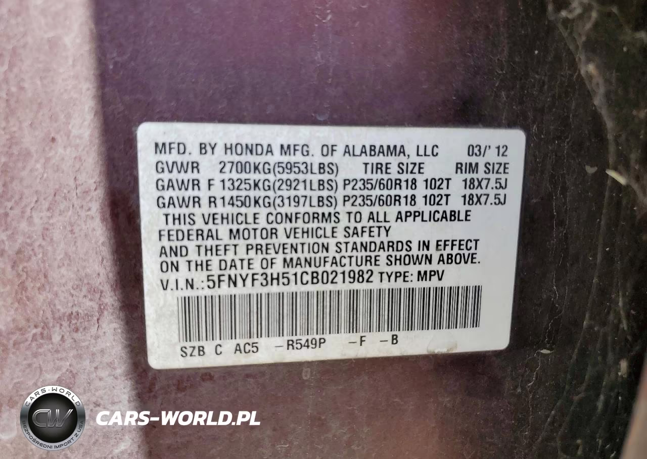 2012 Honda Pilot Exl VIN:5FNYF3H51CB021982 - 13