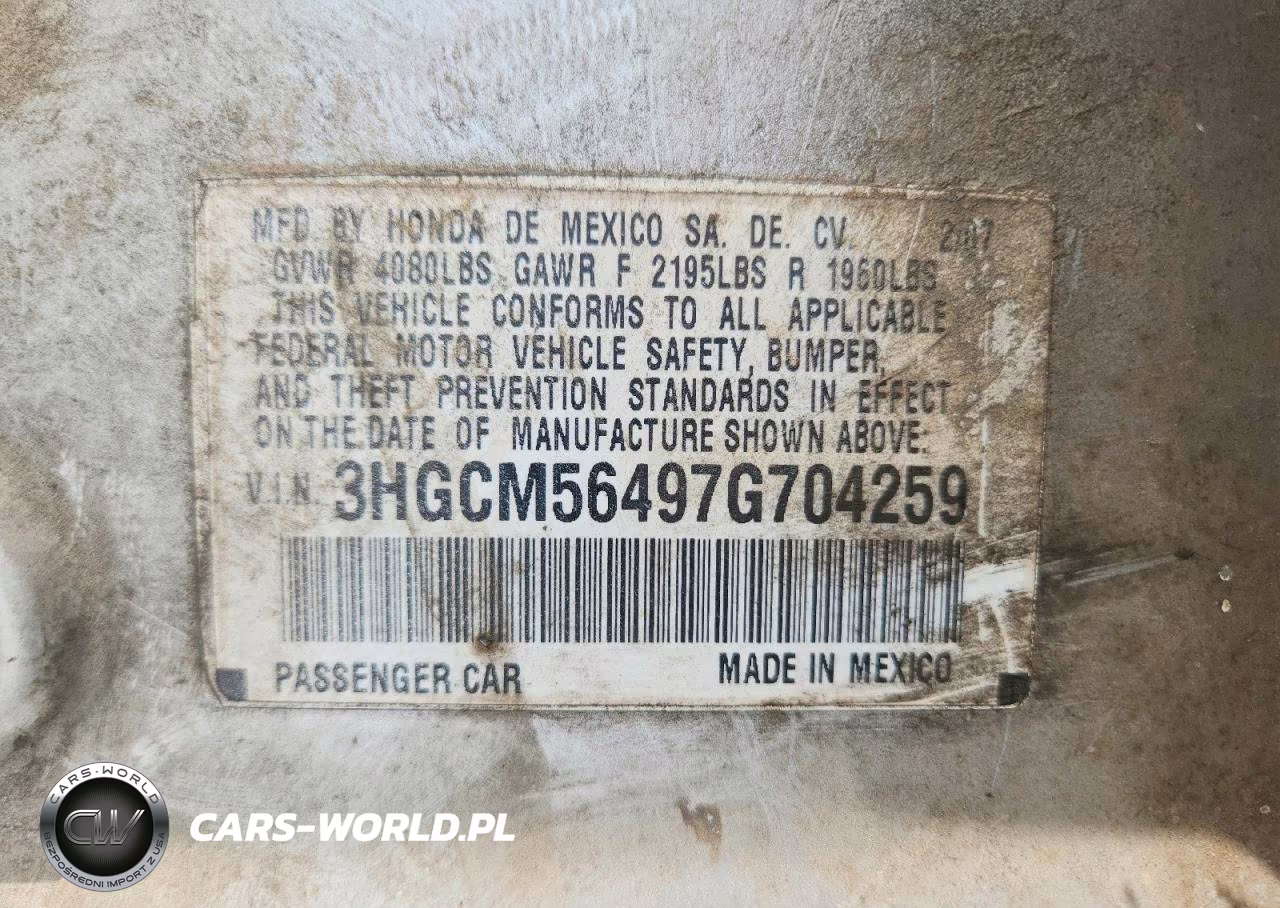 2007 Honda Accord Lx VIN:3HGCM56497G704259 - 12