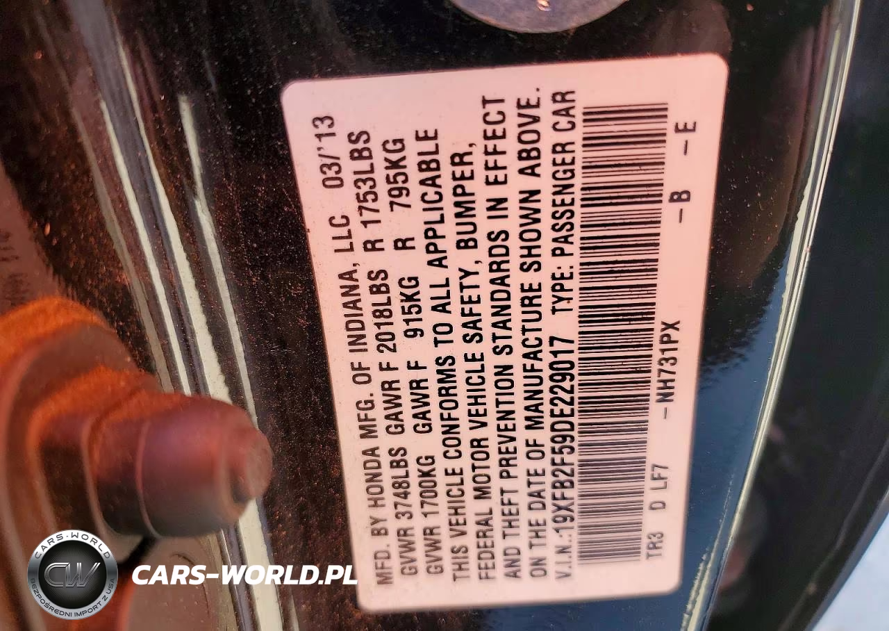 2013 Honda Civic Lx VIN:19XFB2F59DE229017 - 12