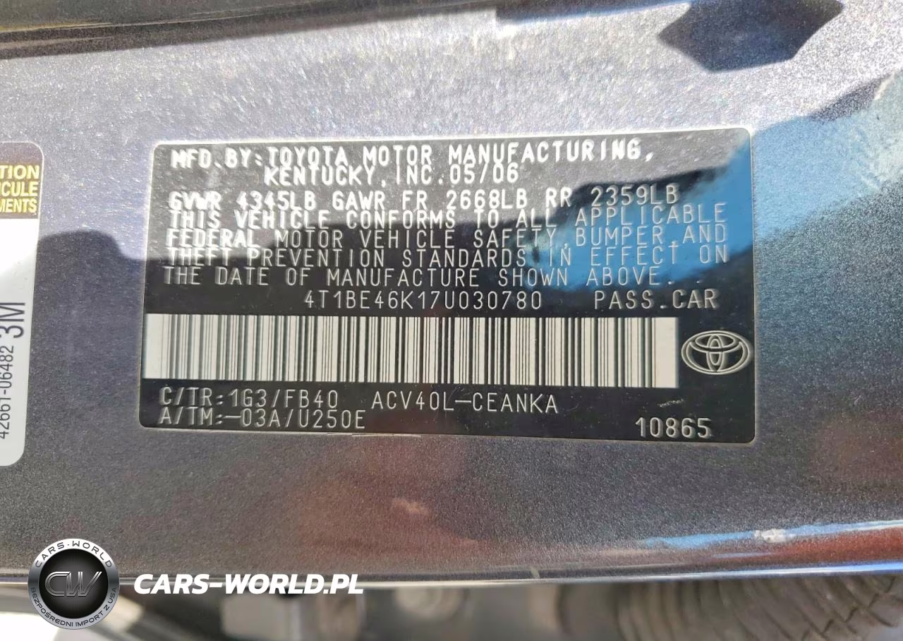 2007 Toyota Camry Le VIN:4T1BE46K17U030780 - 12