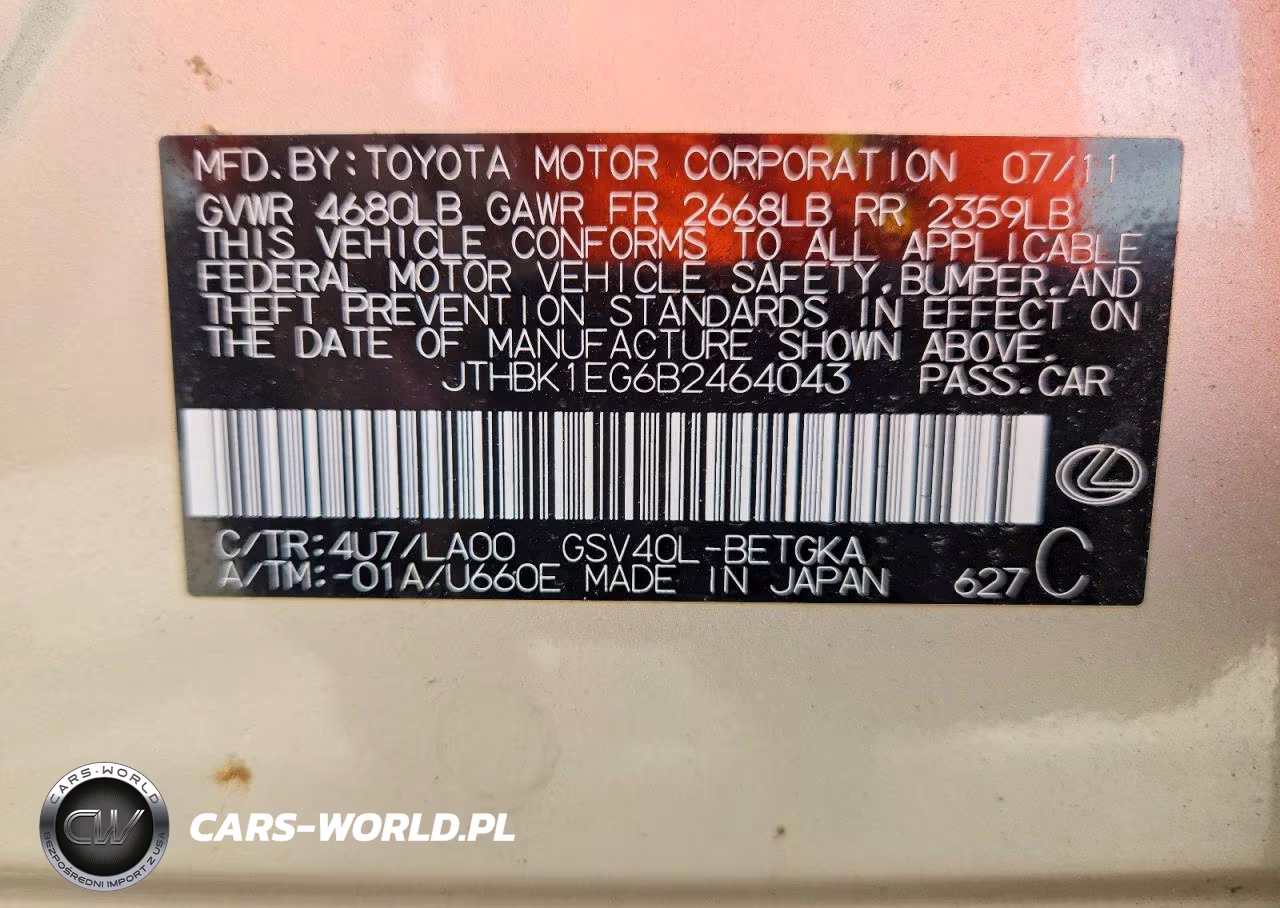 2011 Lexus Es 350 VIN:JTHBK1EG6B2464043 - 13