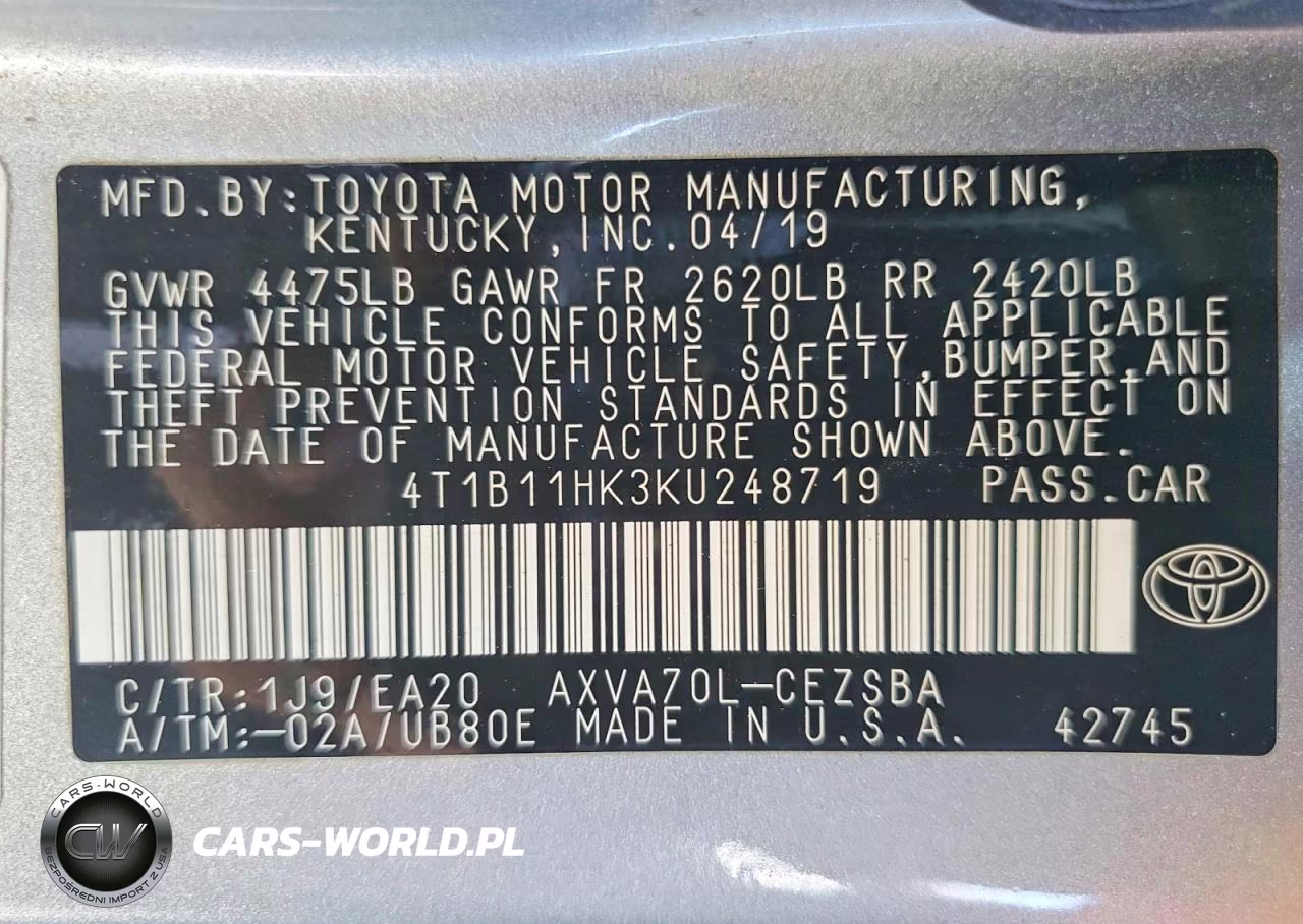 2019 Toyota Camry Le VIN:4T1B11HK3KU248719 - 12