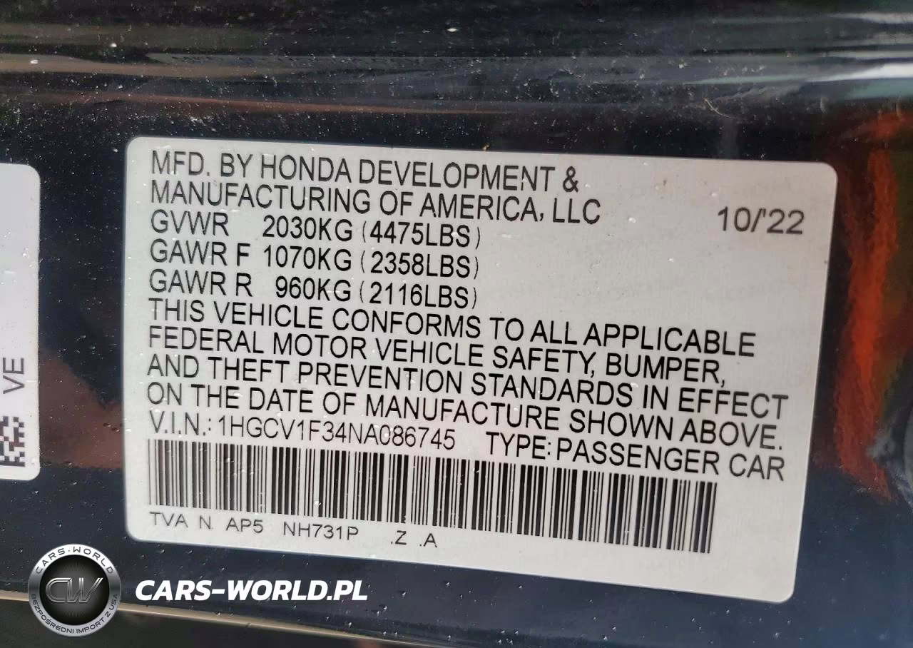 2022 Honda Accord Sport VIN:1HGCV1F34NA086745 - 12
