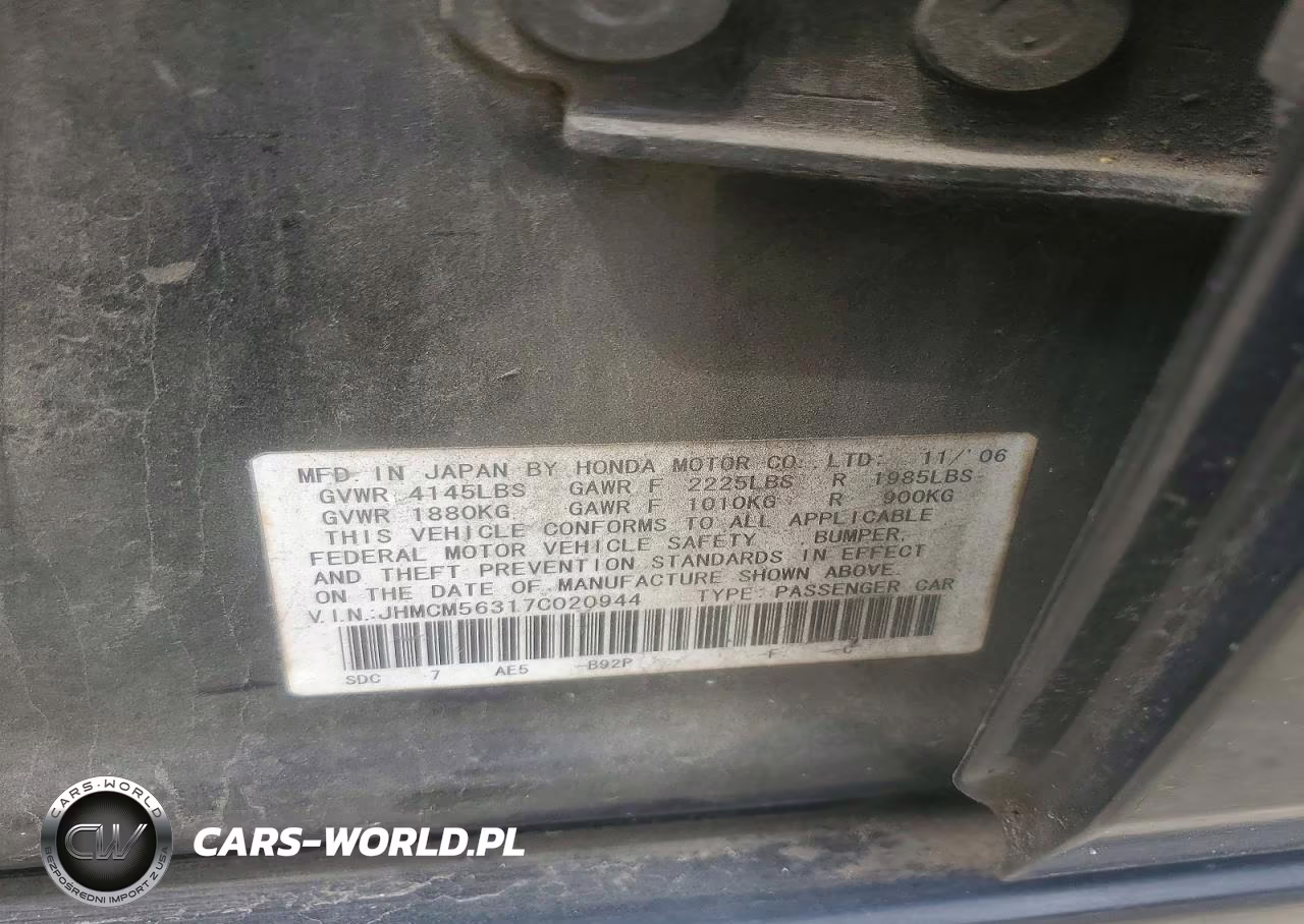 2007 Honda Accord Se VIN:JHMCM56317C020944 - 12