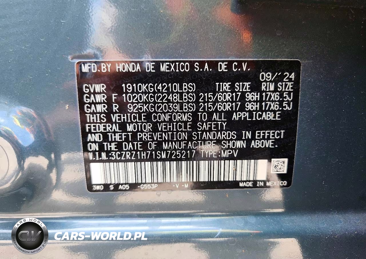 2025 Honda Hr-V Exl VIN:3CZRZ1H71SM725217 - 13
