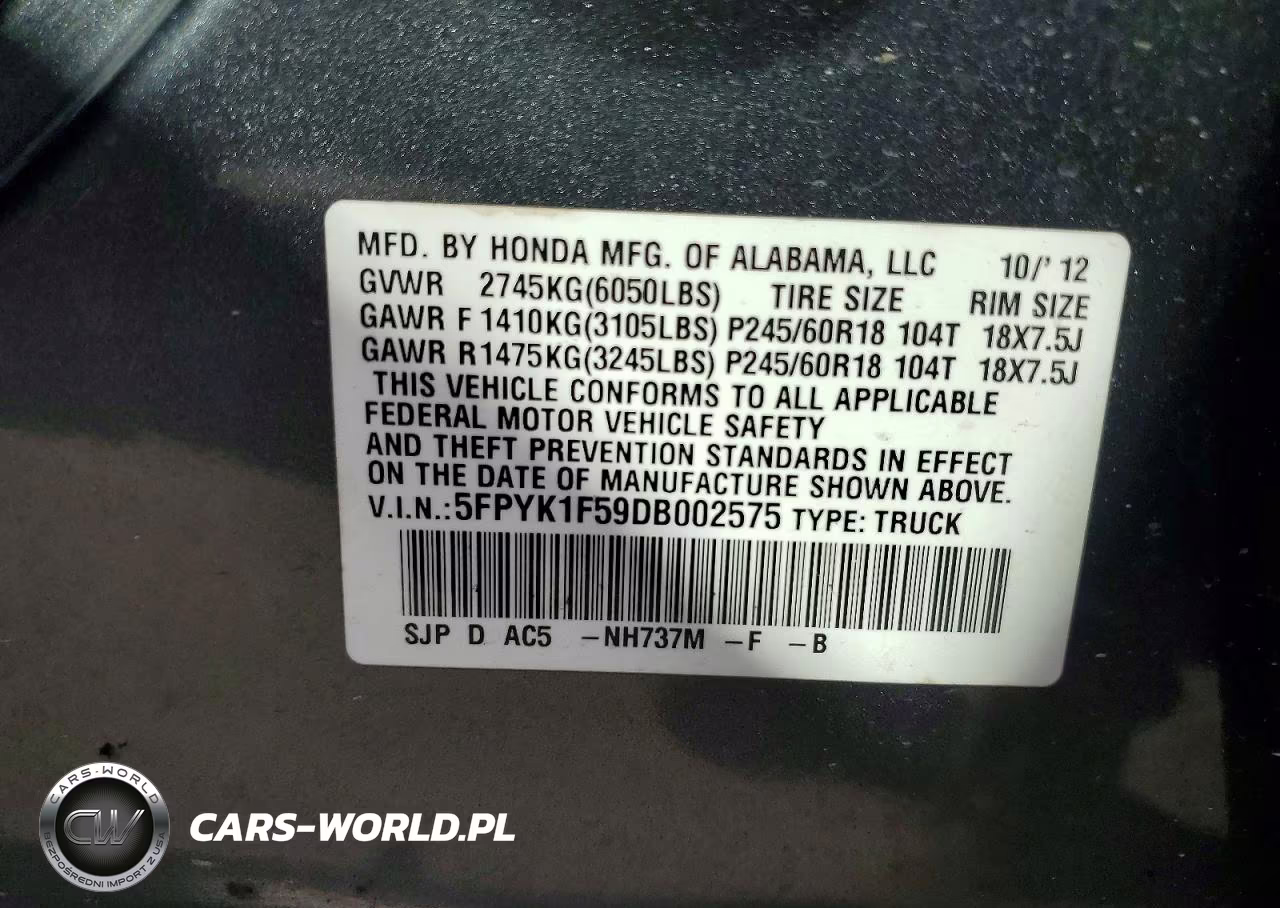 2013 Honda Ridgeline Rtl VIN:5FPYK1F59DB002575 - 12