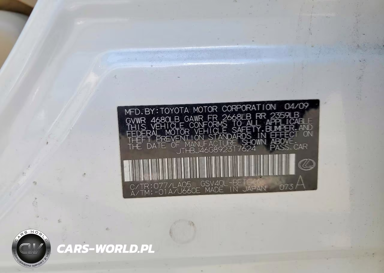 2009 Lexus Es 350 VIN:JTHBJ46G892317624 - 12