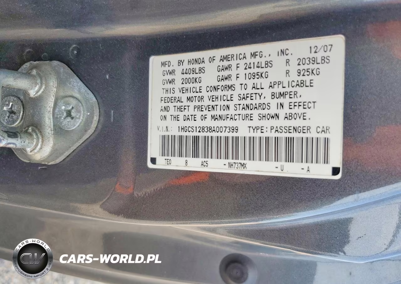2008 Honda Accord Exl VIN:1HGCS12838A007399 - 12