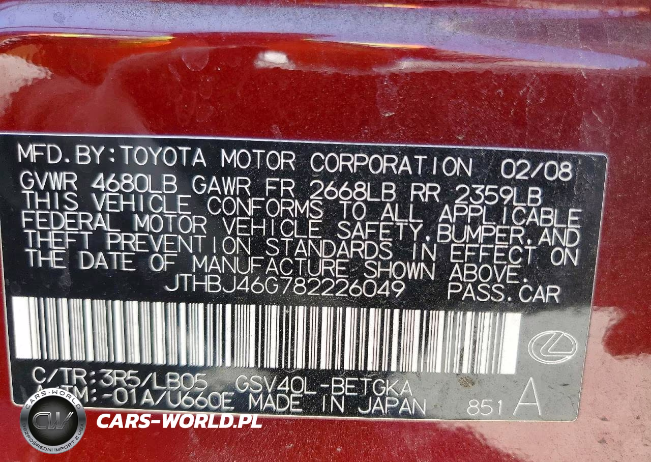2008 Lexus Es 350 VIN:JTHBJ46G782226049 - 12