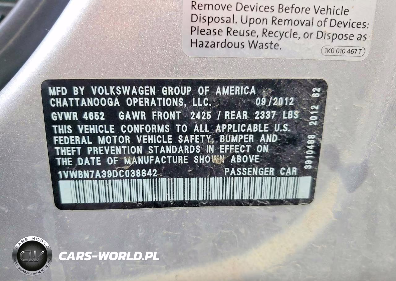 2013 Volkswagen Passat 2.0L Tdi Se VIN:1VWBN7A39DC038842 - 13