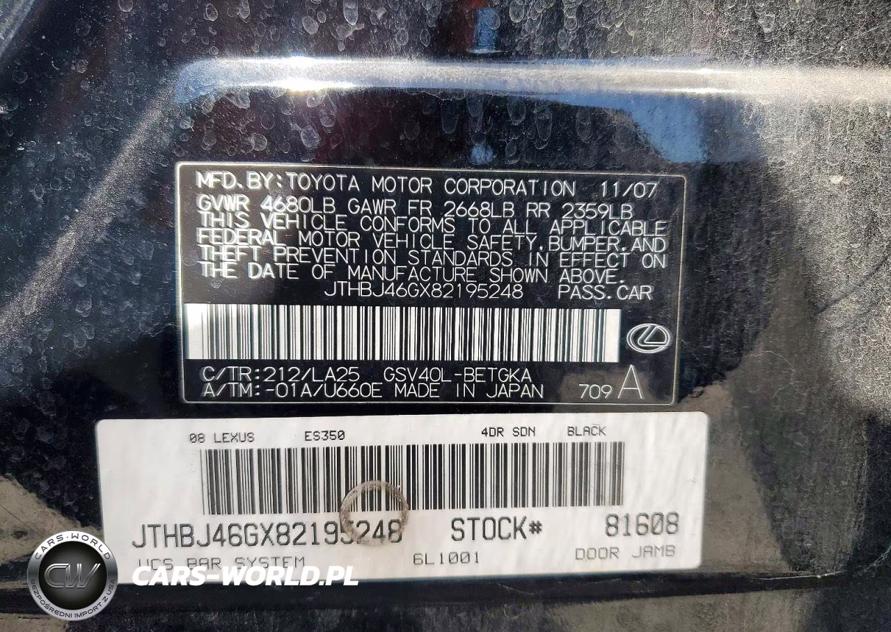 2008 Lexus Es 350 VIN:JTHBJ46GX82195248 - 12