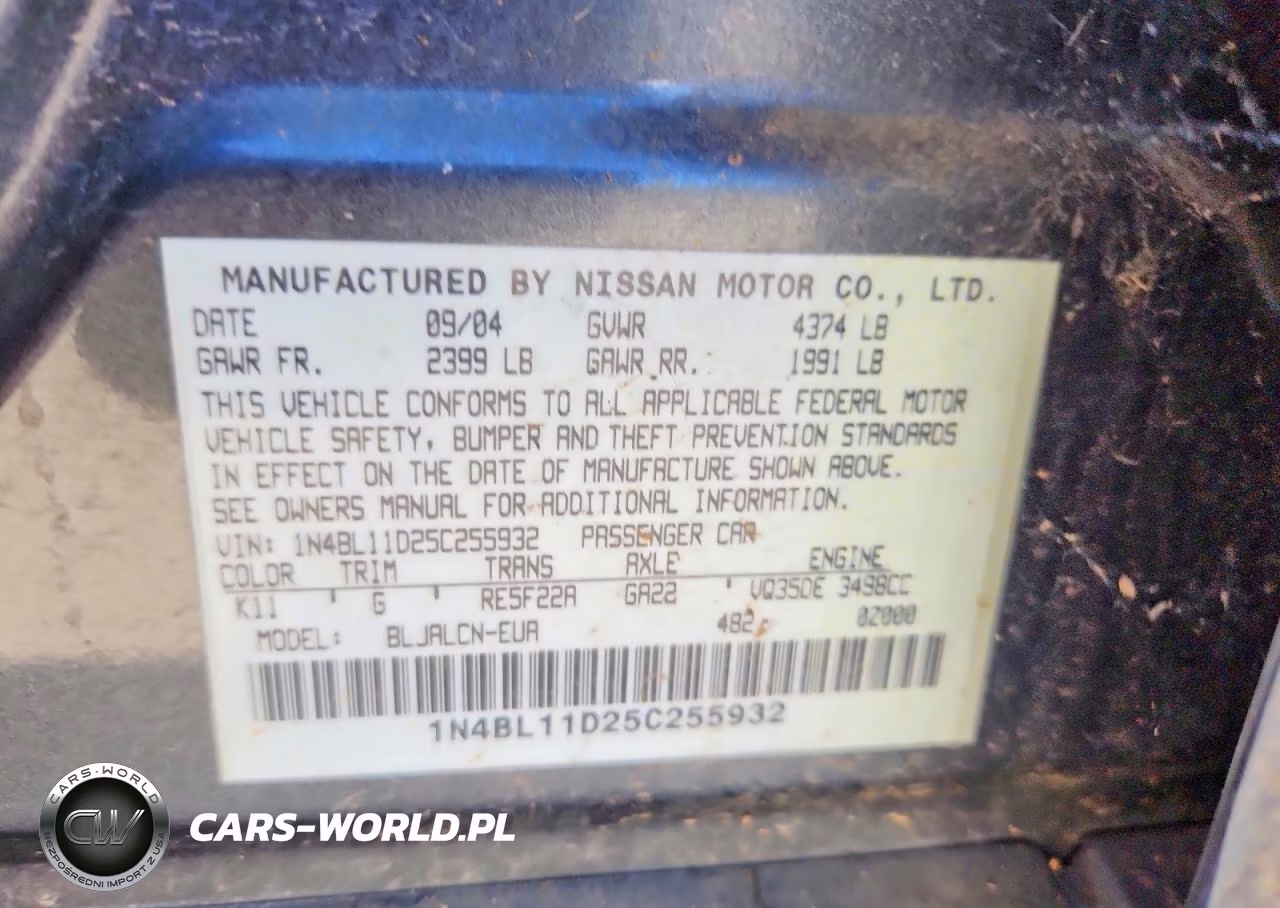 2005 Nissan Altima 3.5 Se VIN:1N4BL11D25C255932 - 12