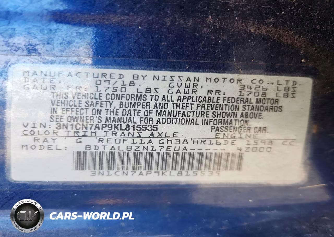 2019 Nissan Versa Sv VIN:3N1CN7AP9KL815535 - 13