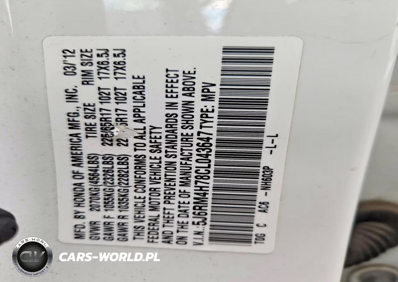 2012 Honda Cr-V Exl VIN:5J6RM4H78CL043647 - 12