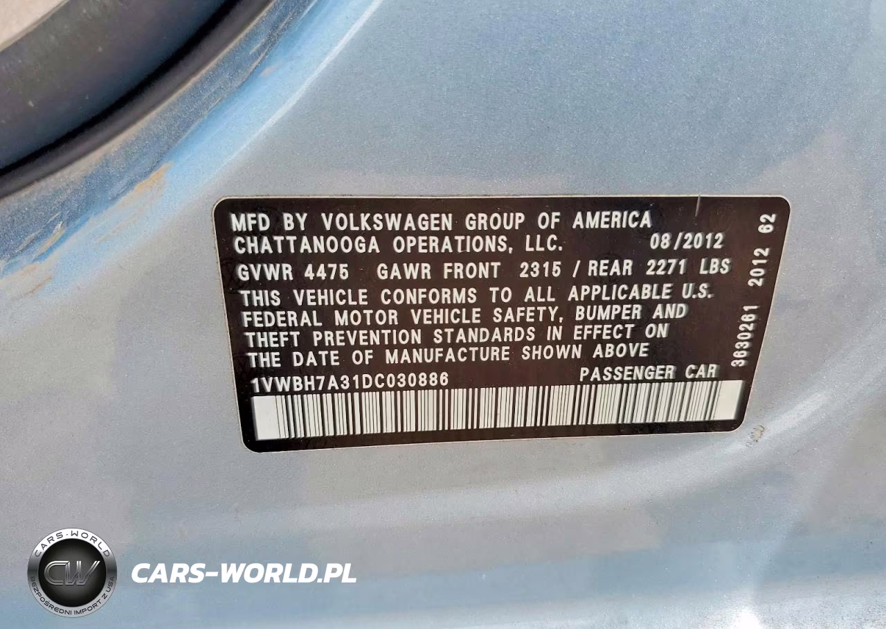 2013 Volkswagen Passat Se VIN:1VWBH7A31DC030886 - 12