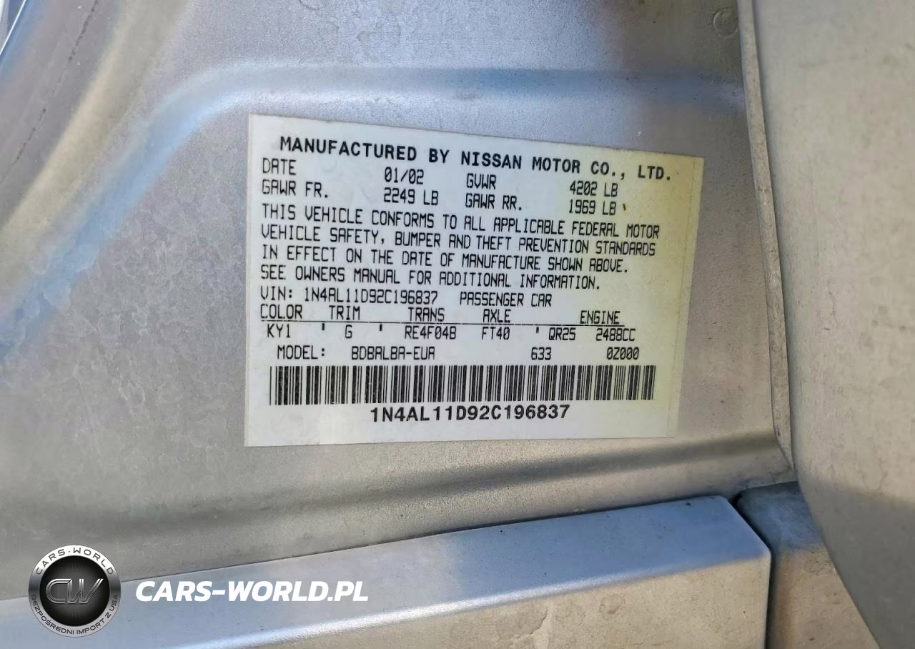 2002 Nissan Altima S Automatic VIN:1N4AL11D92C196837 - 12