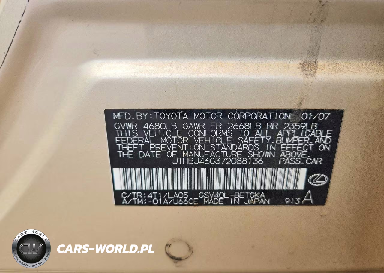 2007 Lexus Es 350 VIN:JTHBJ46G372088136 - 12