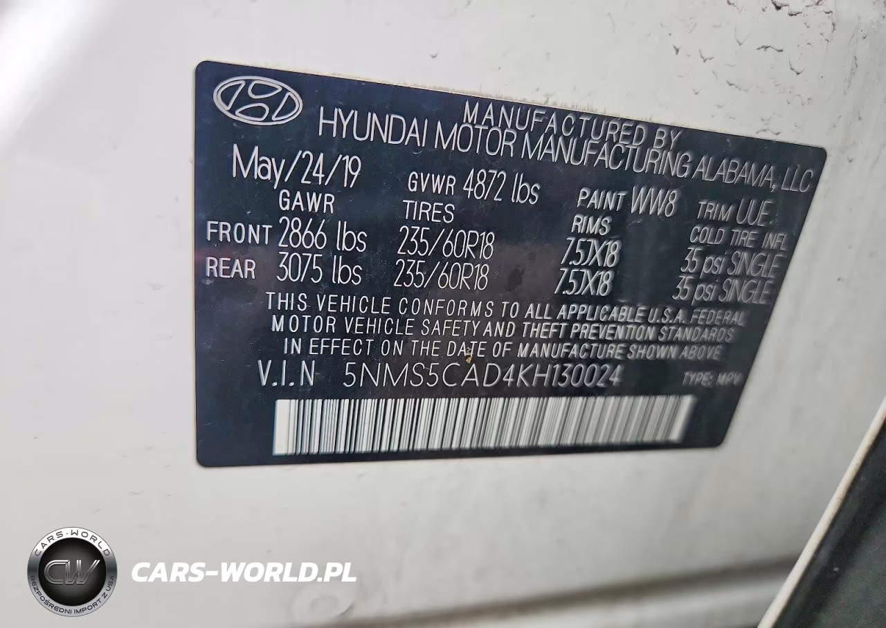 2019 Hyundai Santa Fe Ultimate 2.4L VIN:5NMS5CAD4KH130024 - 12
