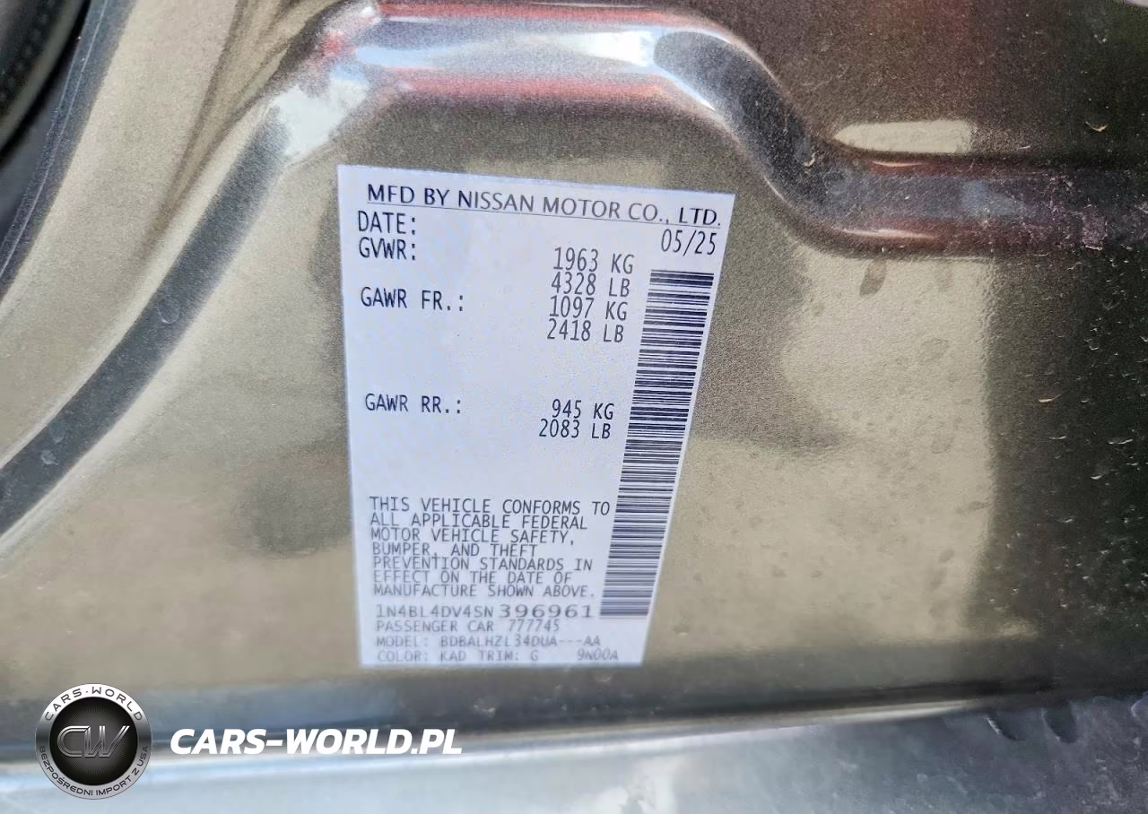 2025 Nissan Altima Sv VIN:1N4BL4DV4SN396961 - 12