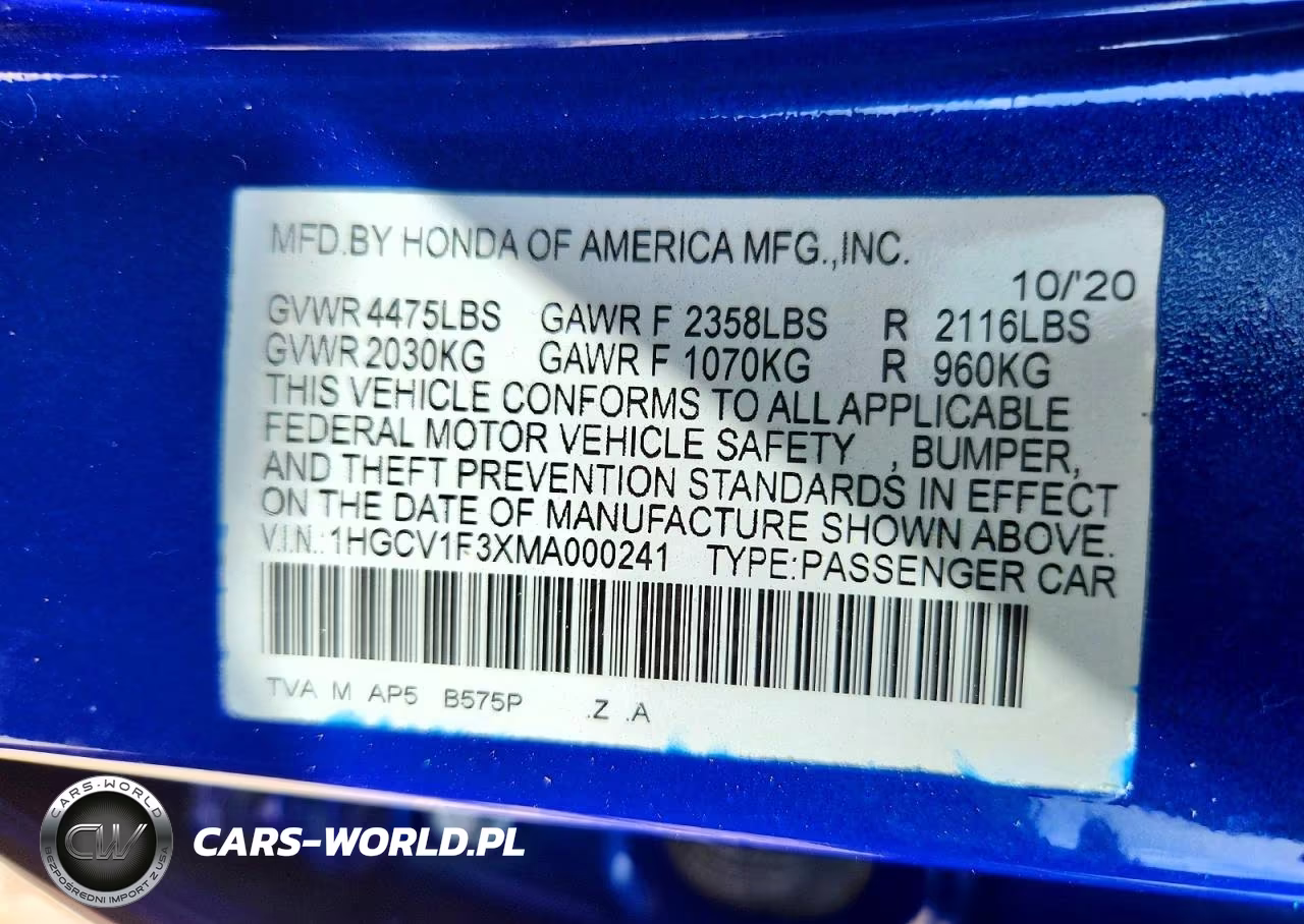 2021 Honda Accord Sport VIN:1HGCV1F3XMA000241 - 12