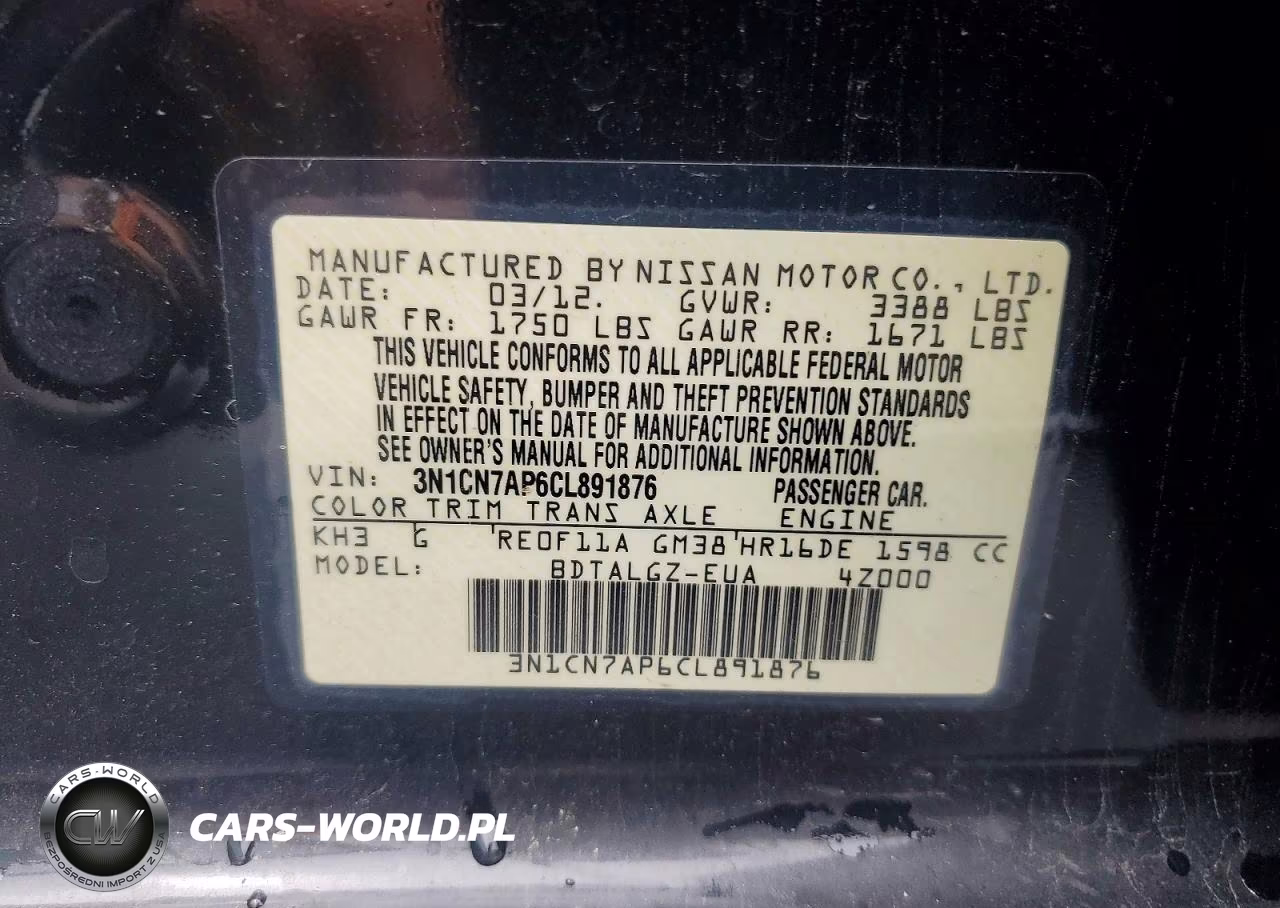 2012 Nissan Versa 1.6 S VIN:3N1CN7AP6CL891876 - 12