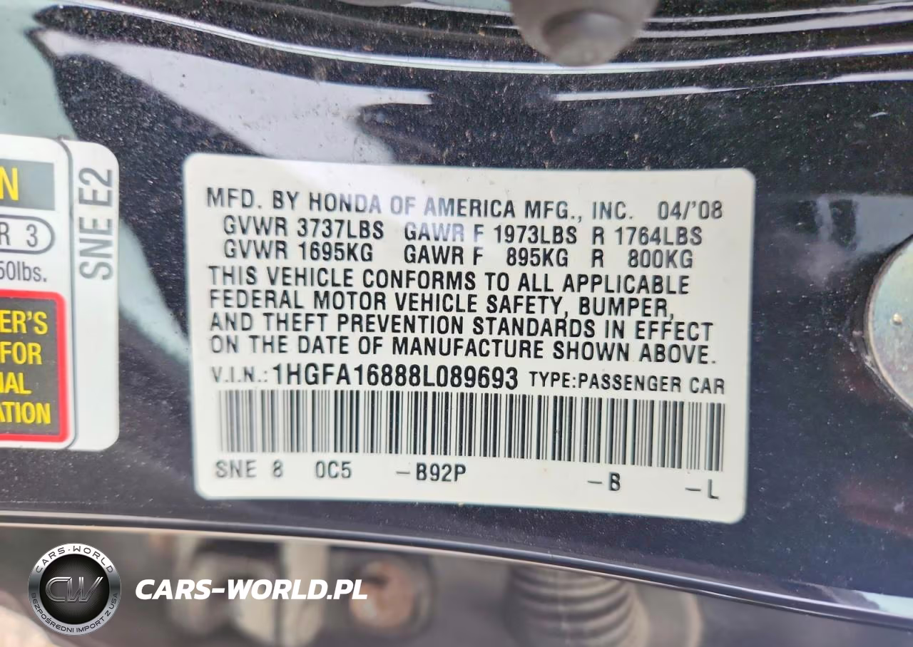 2008 Honda Civic Ex VIN:1HGFA16888L089693 - 12