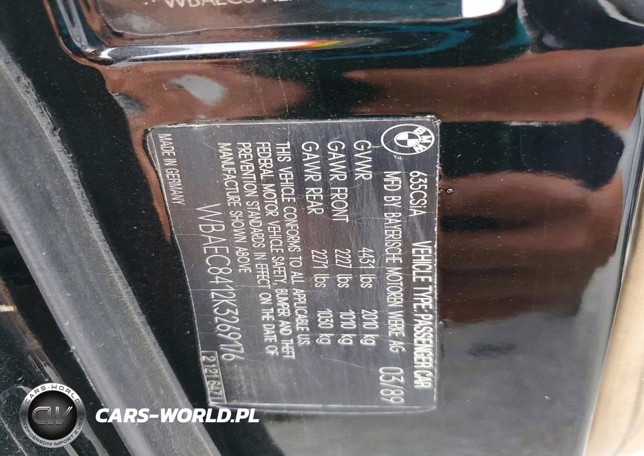 1989 BMW 635 Csi Automatic VIN:WBAEC8412K3269176 - 12