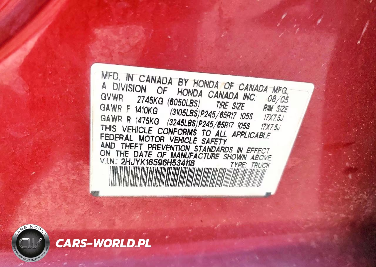 2006 Honda Ridgeline Rtl VIN:2HJYK16596H534118 - 12