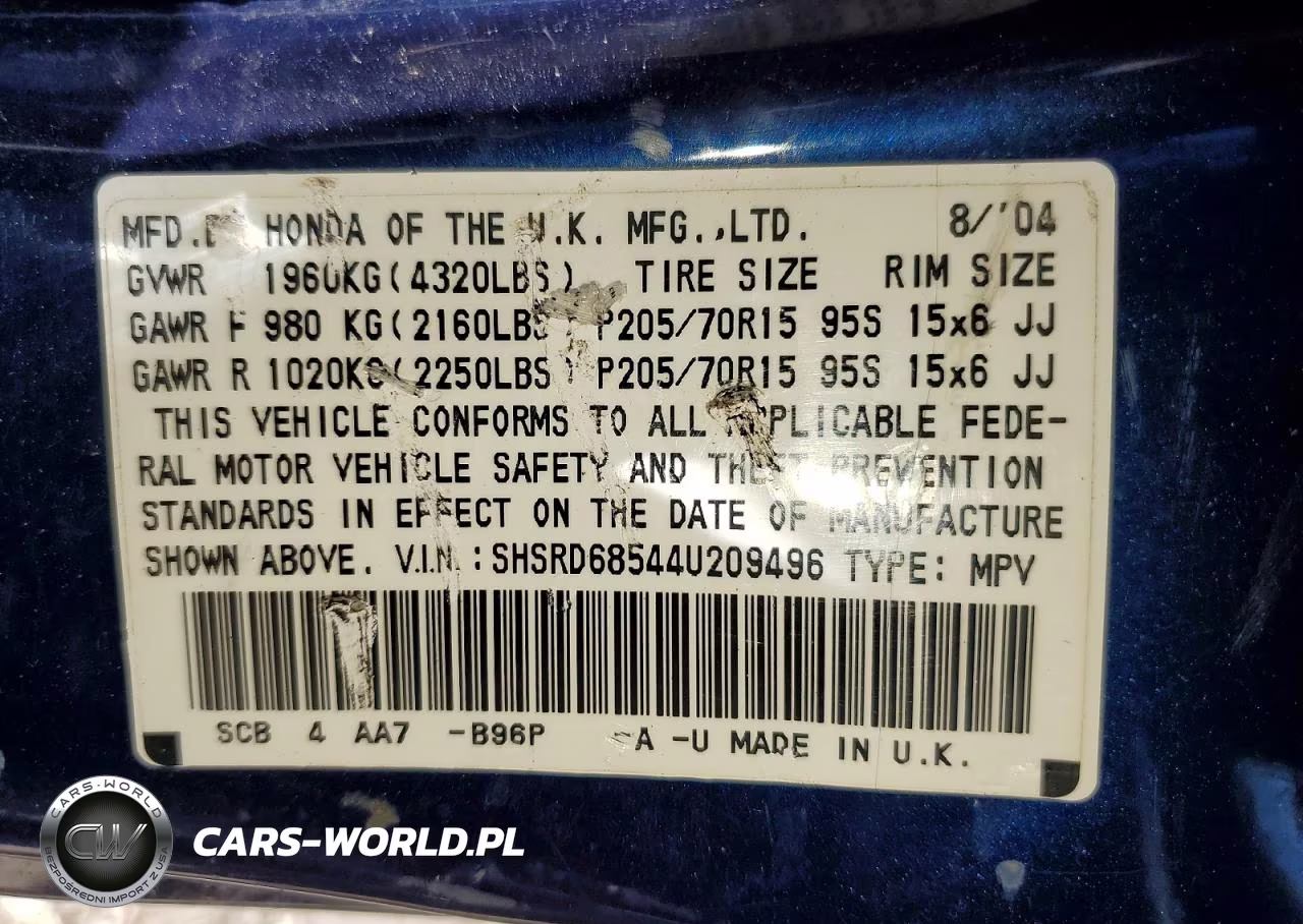 2004 Honda Cr-V Lx VIN:SHSRD68544U209496 - 13