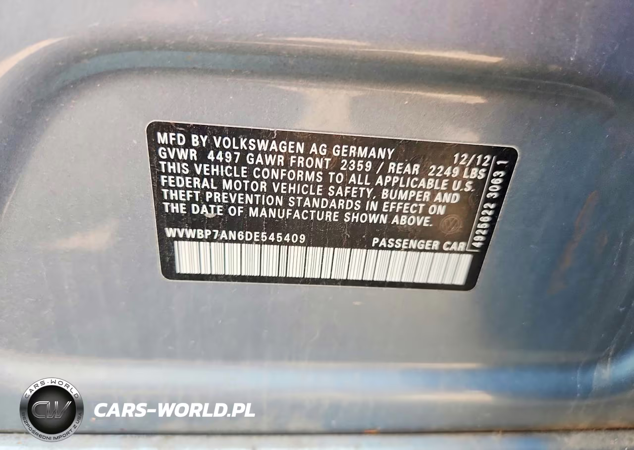 2013 Volkswagen Cc Sport VIN:WVWBP7AN6DE545409 - 12