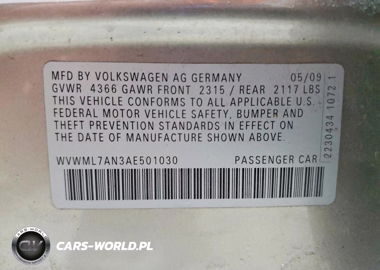 2010 Volkswagen Cc Sport VIN:WVWML7AN3AE501030 - 12