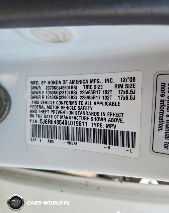 2009 Honda Cr-V Ex VIN:5J6RE48549L019611 - 12