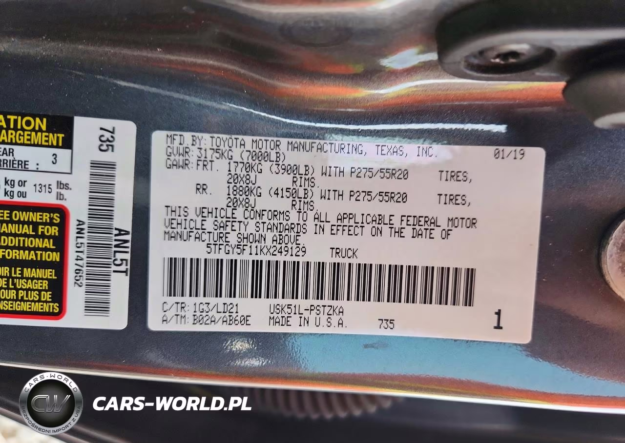 2019 Toyota Tundra 1794 Edition VIN:5TFGY5F11KX249129 - 12