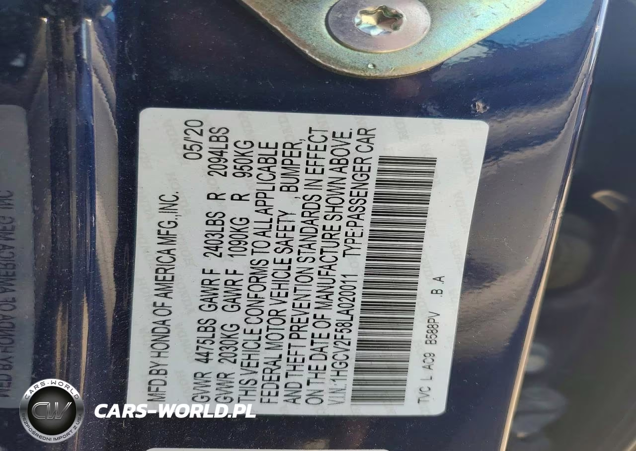 2020 Honda Accord Exl VIN:1HGCV2F58LA020011 - 12