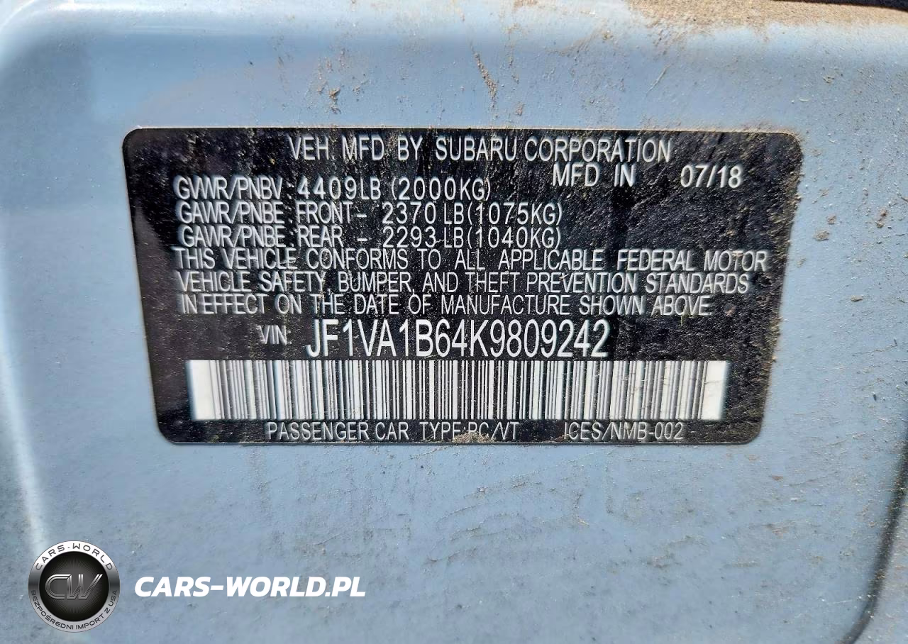 2019 Subaru Wrx Premium VIN:JF1VA1B64K9809242 - 12