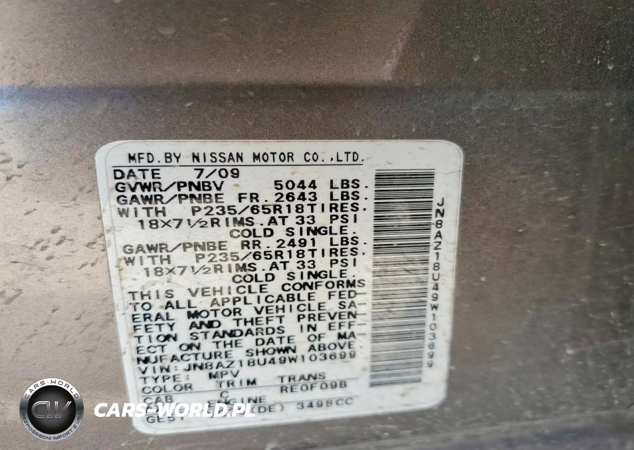 2009 Nissan Murano S VIN:JN8AZ18U49W103699 - 13