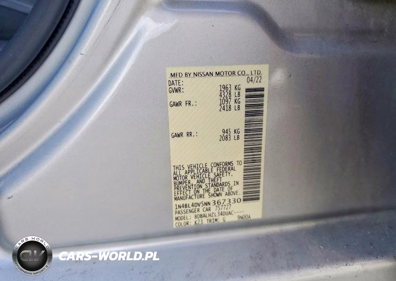 2022 Nissan Altima Sv VIN:1N4BL4DV5NN367330 - 13