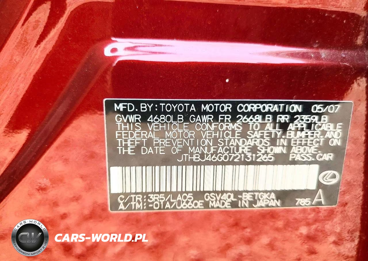 2007 Lexus Es 350 VIN:JTHBJ46G072131265 - 12