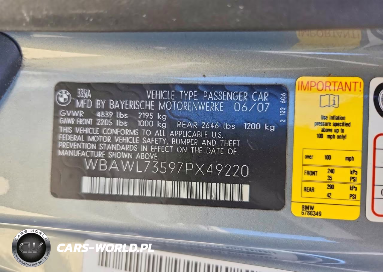 2007 BMW 335 I VIN:WBAWL73597PX49220 - 12