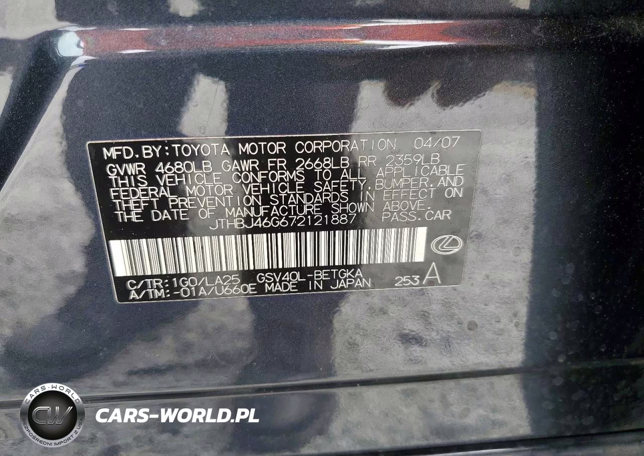 2007 Lexus Es 350 VIN:JTHBJ46G672121887 - 12