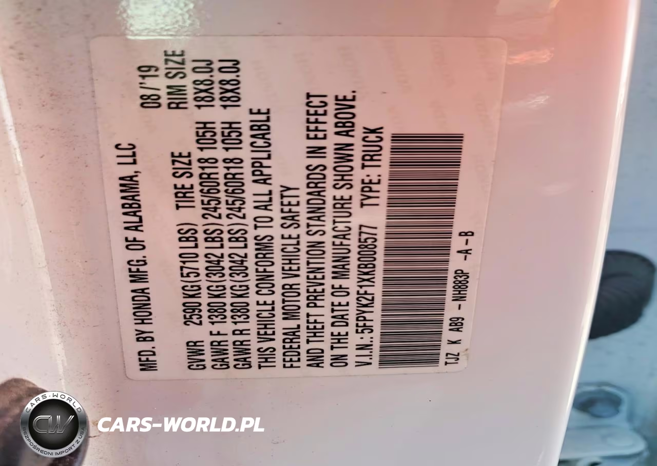 2019 Honda Ridgeline Sport VIN:5FPYK2F1XKB008577 - 12