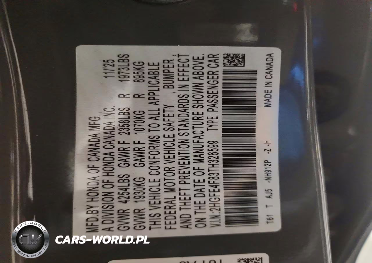 2026 Honda Civic Sport VIN:2HGFE4F83TH326599 - 12